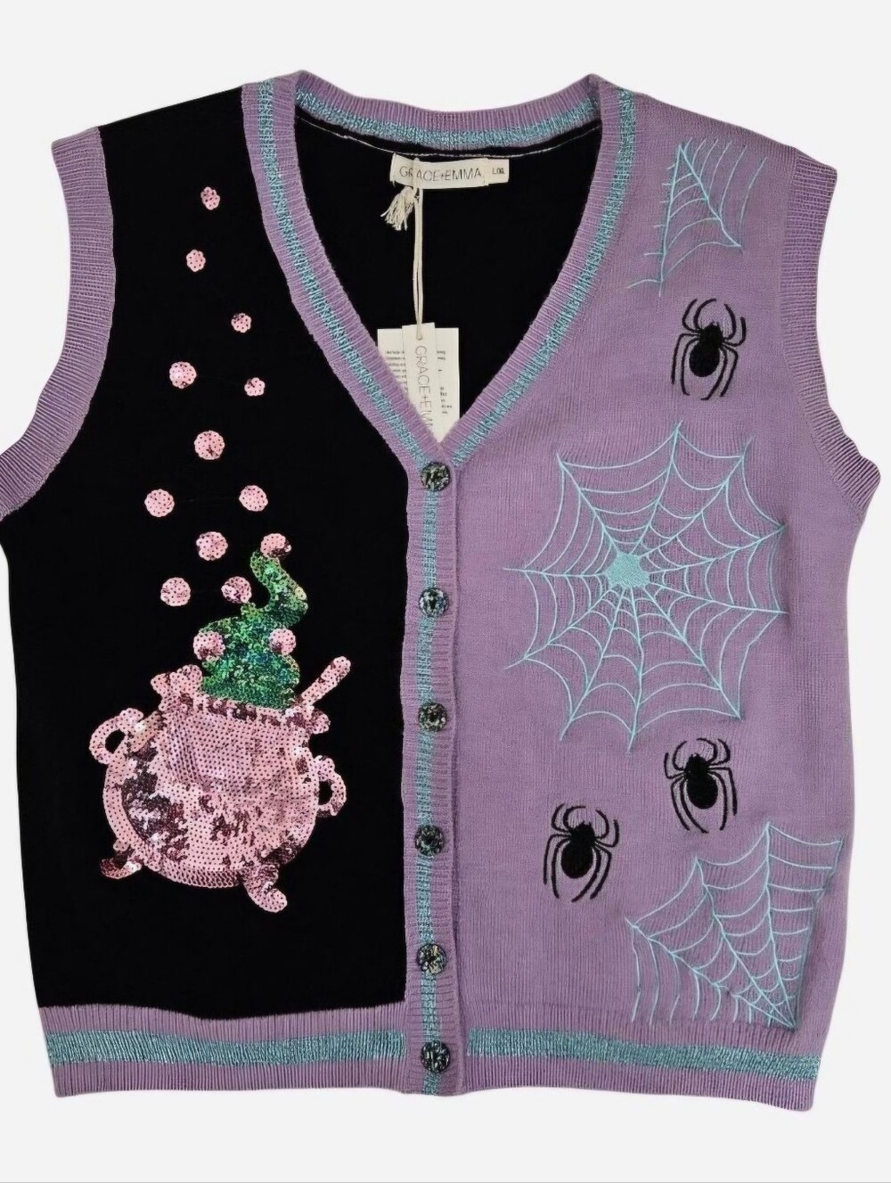 Grace + Emma Witchy sweater vest with sequin cauldron & Spiderweb with Spiders